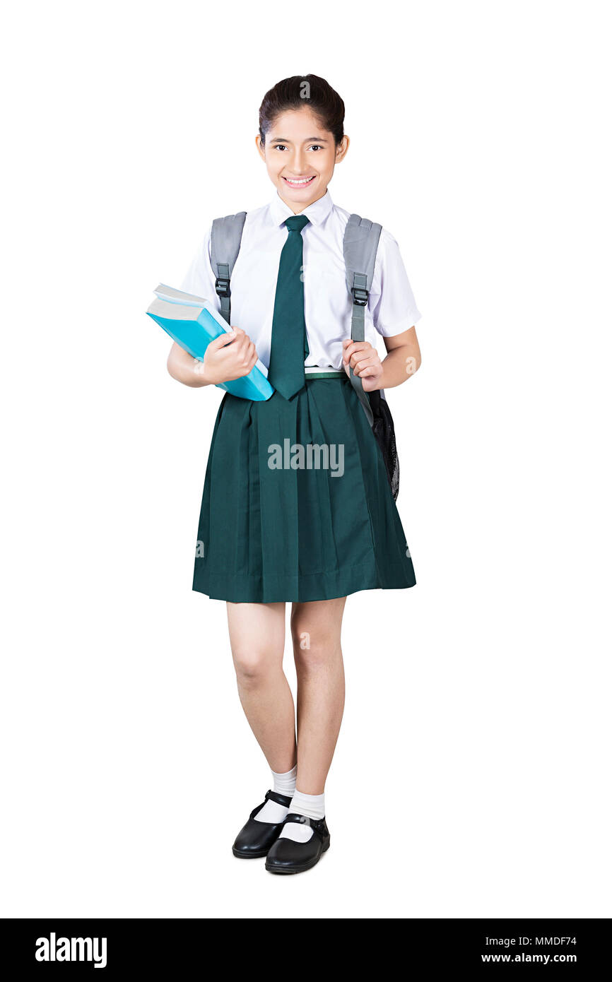 One High-School Girl Student In-Uniform and carried schoolbag Wih Books Stock Photo