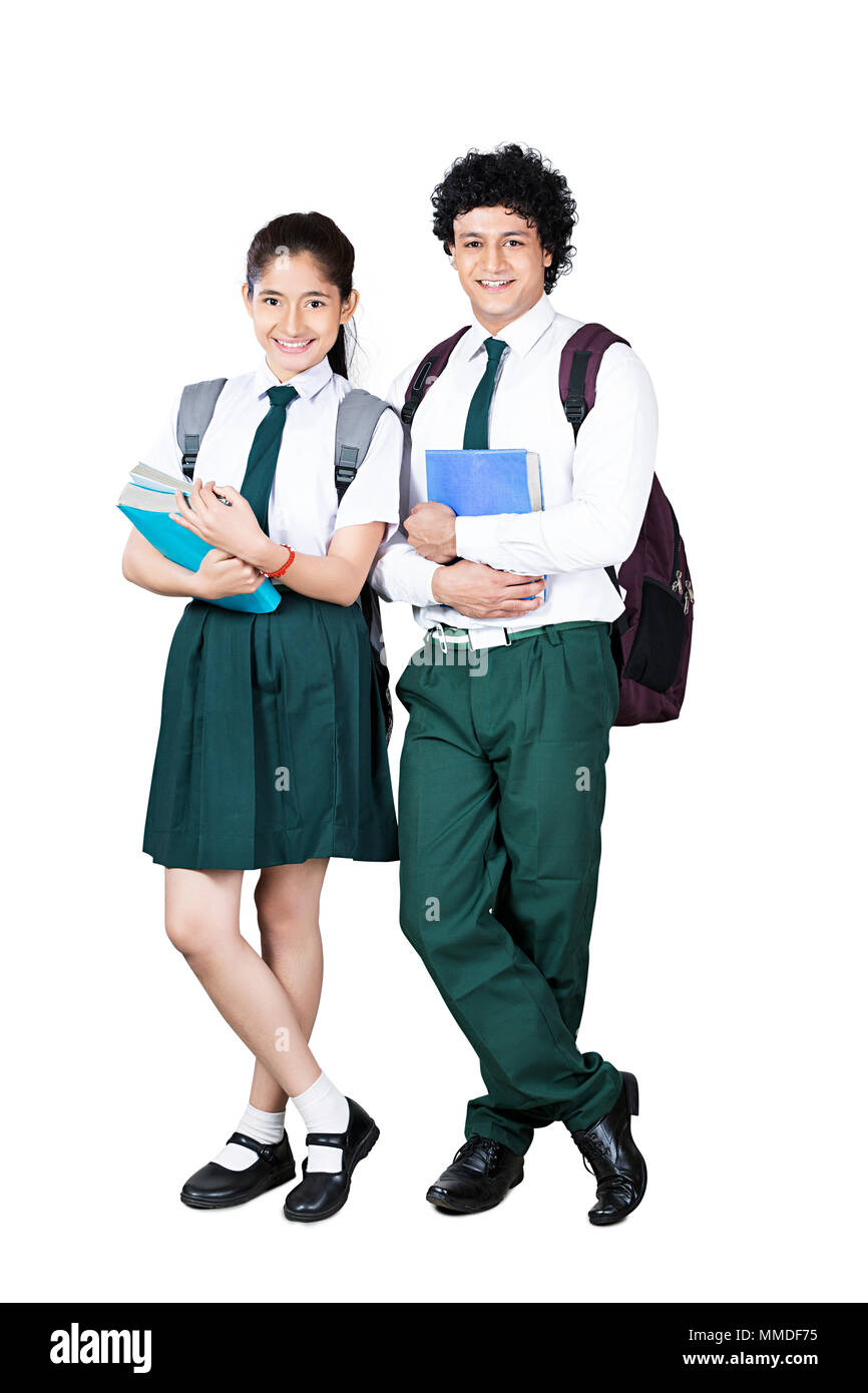 Two Teenager School Students Friends Carrying Schoolbag With Books Education Stock Photo