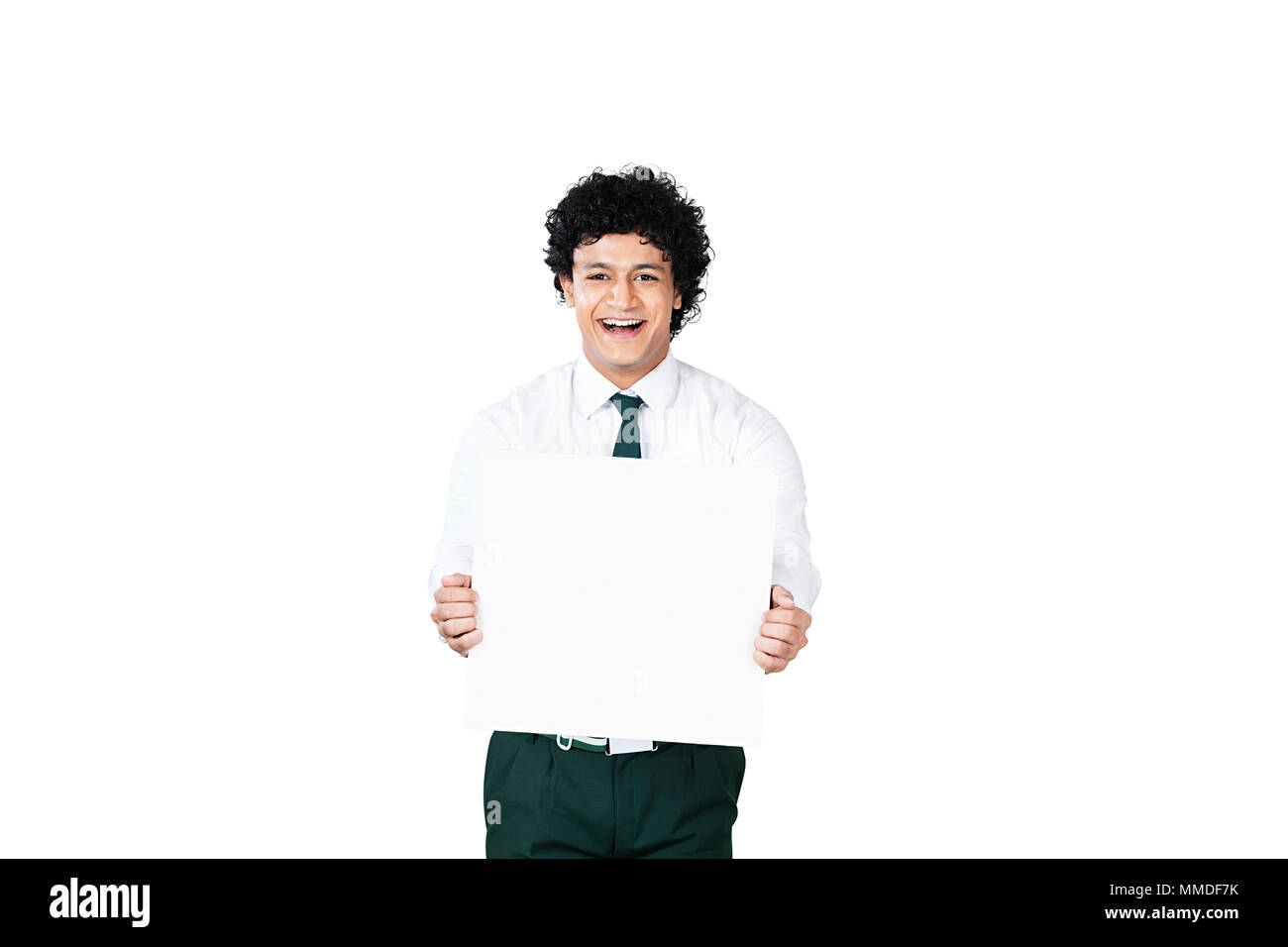 Smiling One Teenage School Boy Student Holding Blank Placard Stock Photo