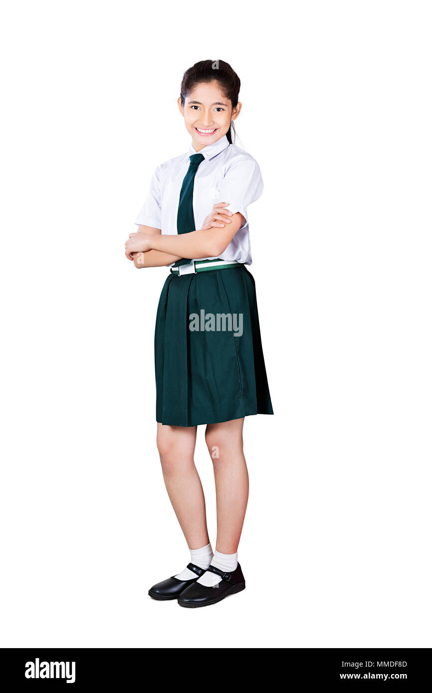 One Young School Girl Student Crossed Arms Standing White Background Stock Photo