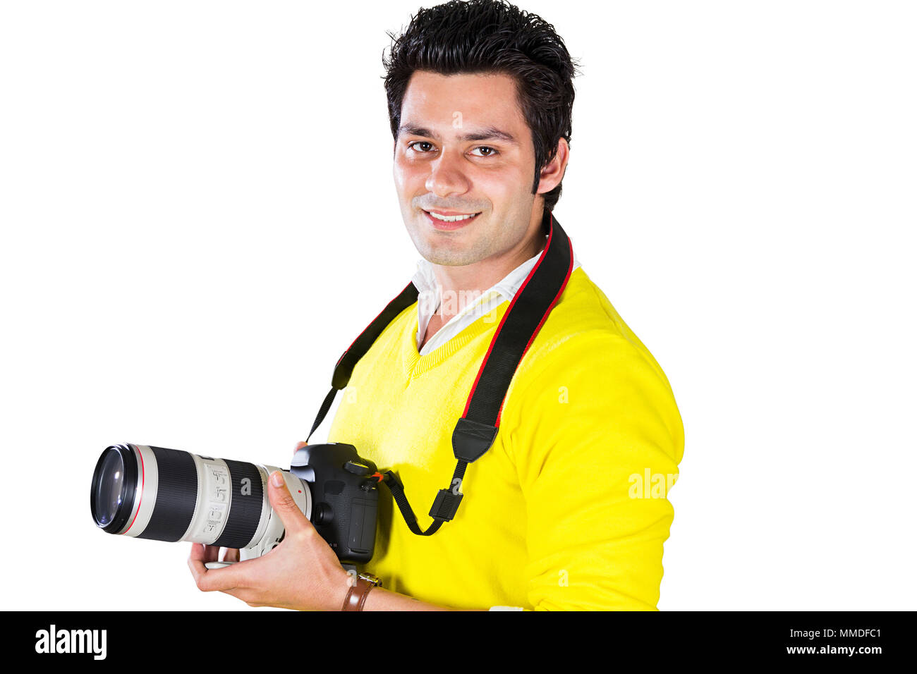 One Cameraman Holding Digital Camera clicking picture with DSLR Stock Photo