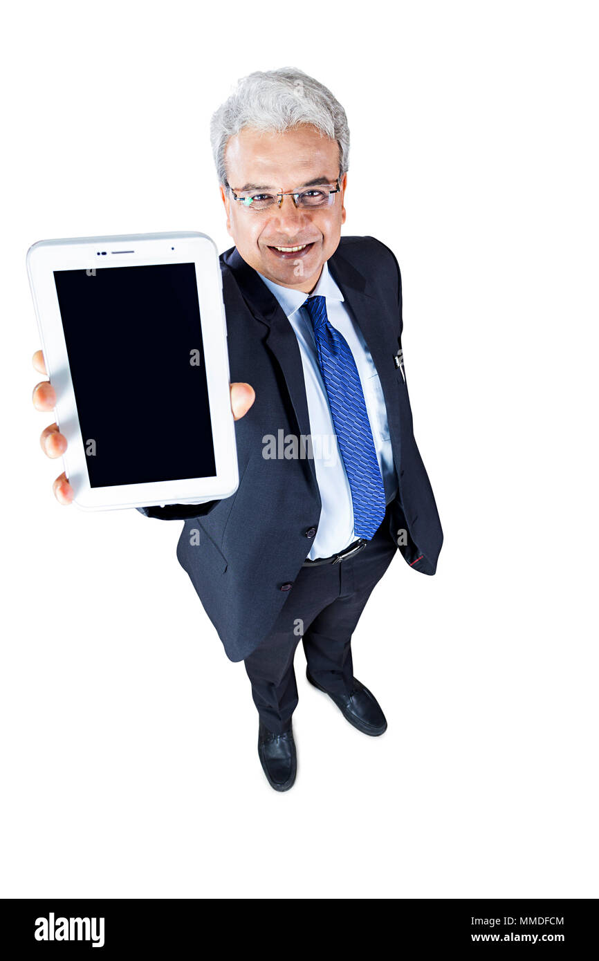 Smiling One Senior Businessman Showing Digital Tablet-Pc Screen Full-Length Stock Photo