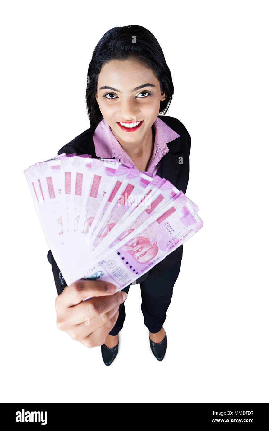 One Businesswoman Employee Showing Indian Two-Thousand Rupees Banknote Salary. Income Concept Stock Photo