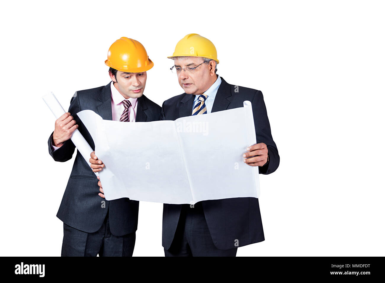 Two Business Men architect, Engineer checking Map blueprint RealEstate