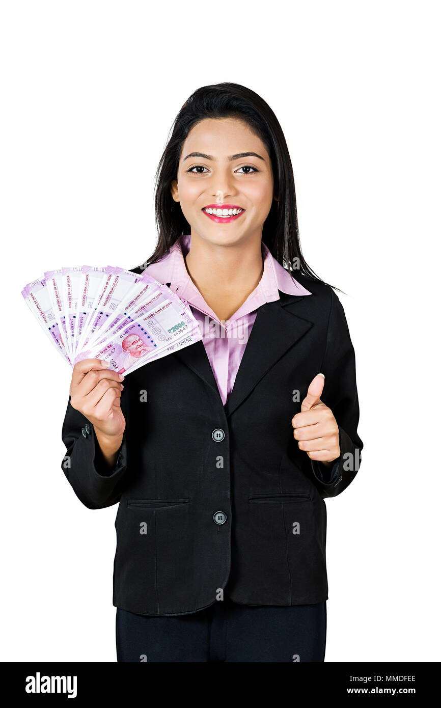 One Business Lady Employee Showing Thumbs-up With Indian Currency Banknotes Stock Photo