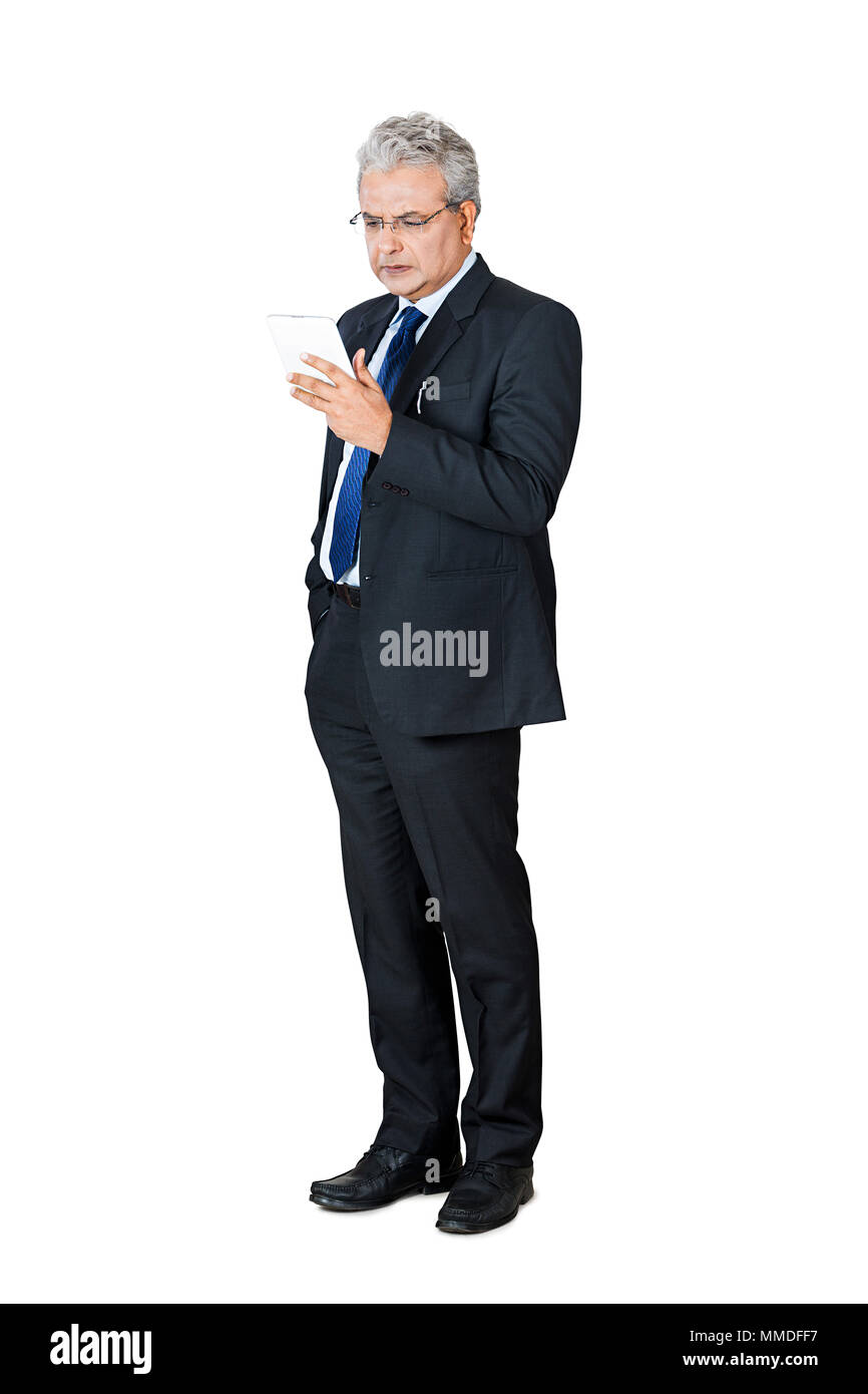 One Old Business male Reading Text-Messaging SMS Mobile Tablet-Pc Badnews Stock Photo