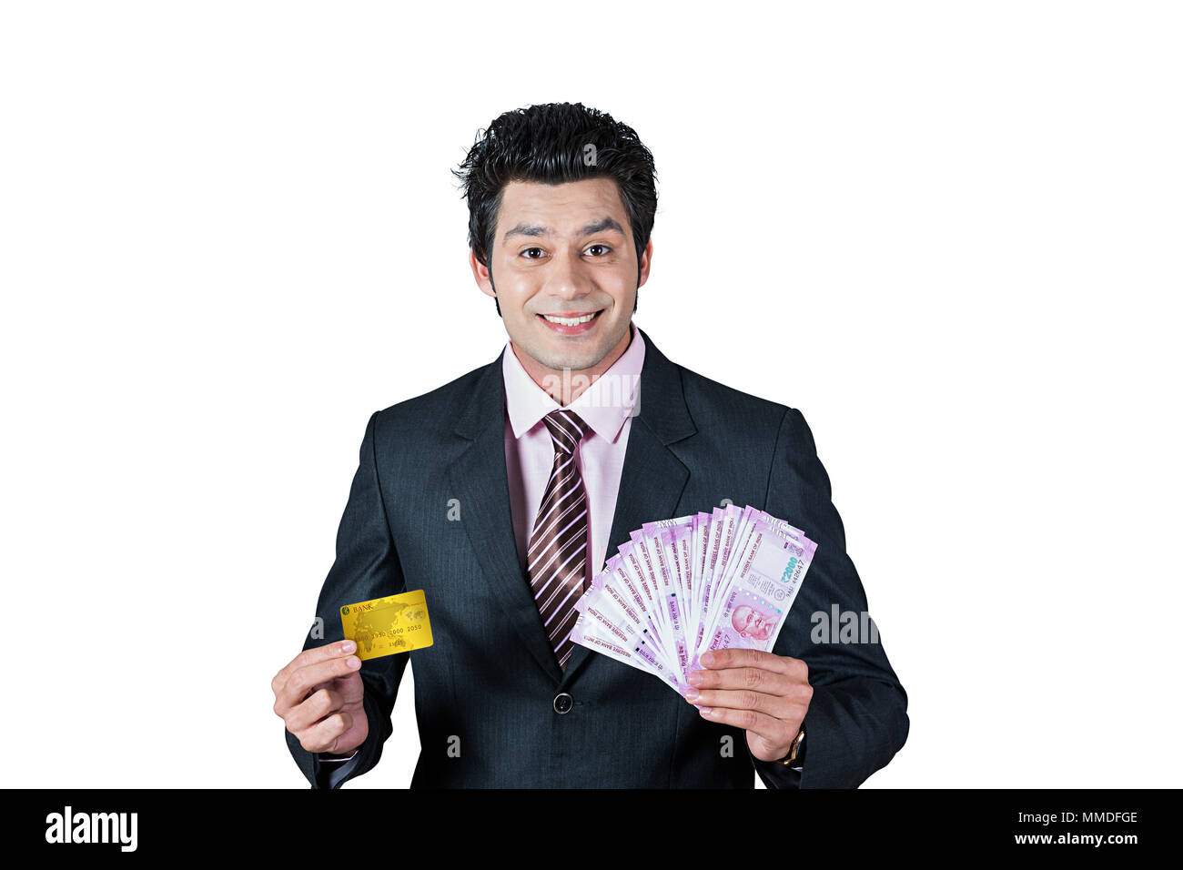 One Business male Showing Debit Card With Two-Thousand Rupee Banknotes Stock Photo