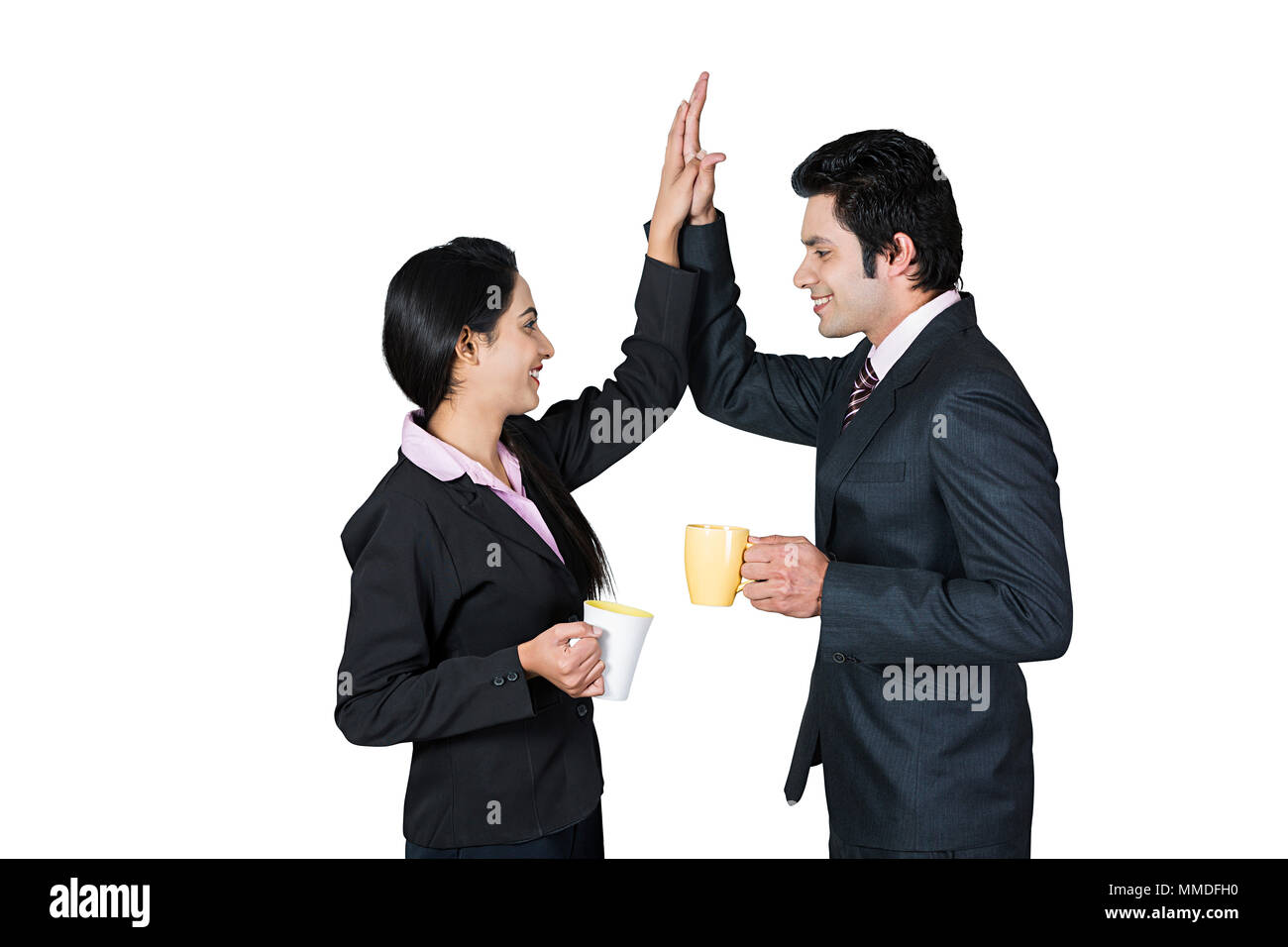 Two Businessman And Businesswoman Partner Clapping Hands Drinking Tea,Coffee Stock Photo