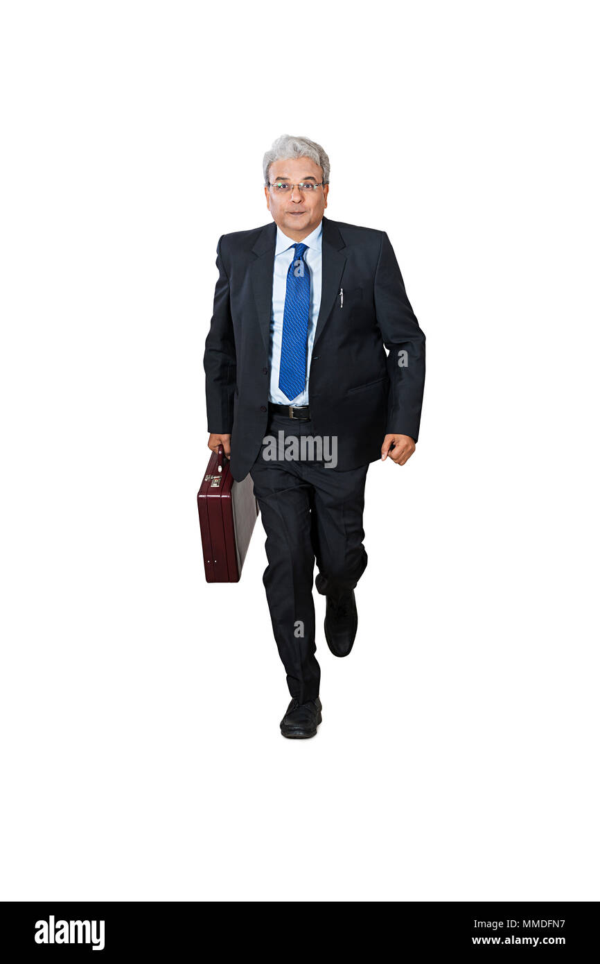 Full-Length Of Businessman holding a briefcase and running White Background Stock Photo