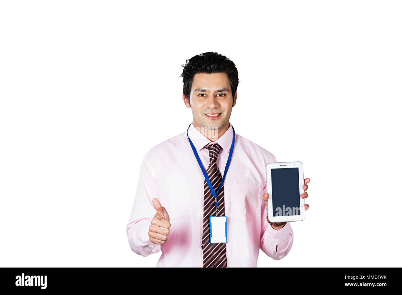 Indian Salesman Employee Showing Thumbs-up Presenting New Digital Mobile-Tablet Stock Photo