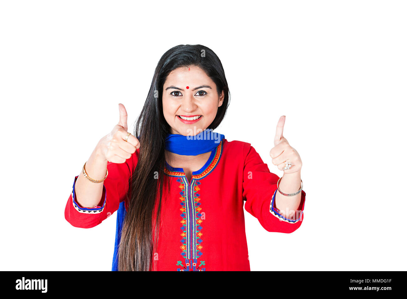 Happy One Traditional Indian Adult Female Showing Thumbs-up White Background Stock Photo
