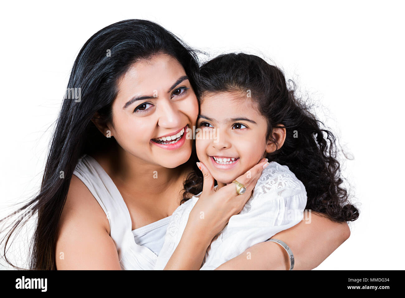 Happy mother And Little Daughter Hugging Loving Having Fun Cheerful Stock Photo