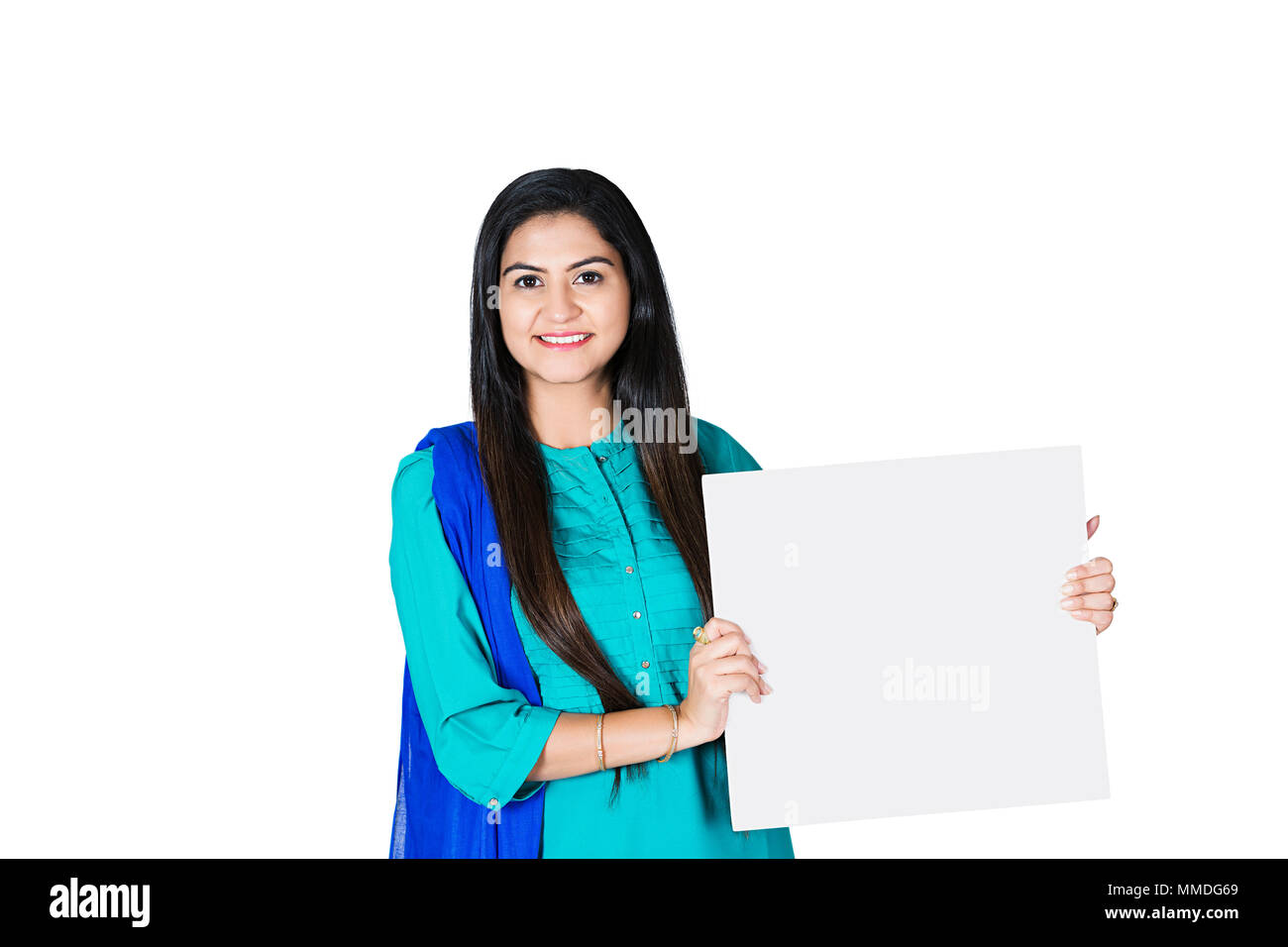 One Business Female Employee Showing White Message Board Stock Photo