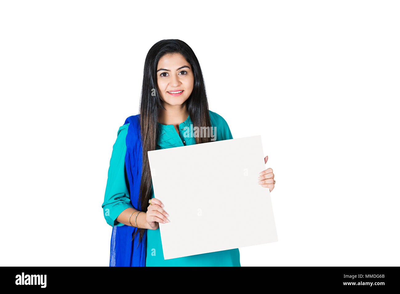 One Business Woman Employee Showing White Message Board Stock Photo Alamy
