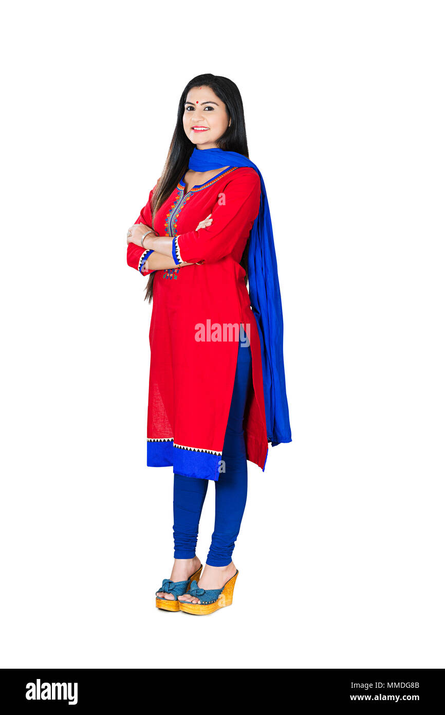 One woman Traditional wear with crossed-arms Standing On White Background Stock Photo