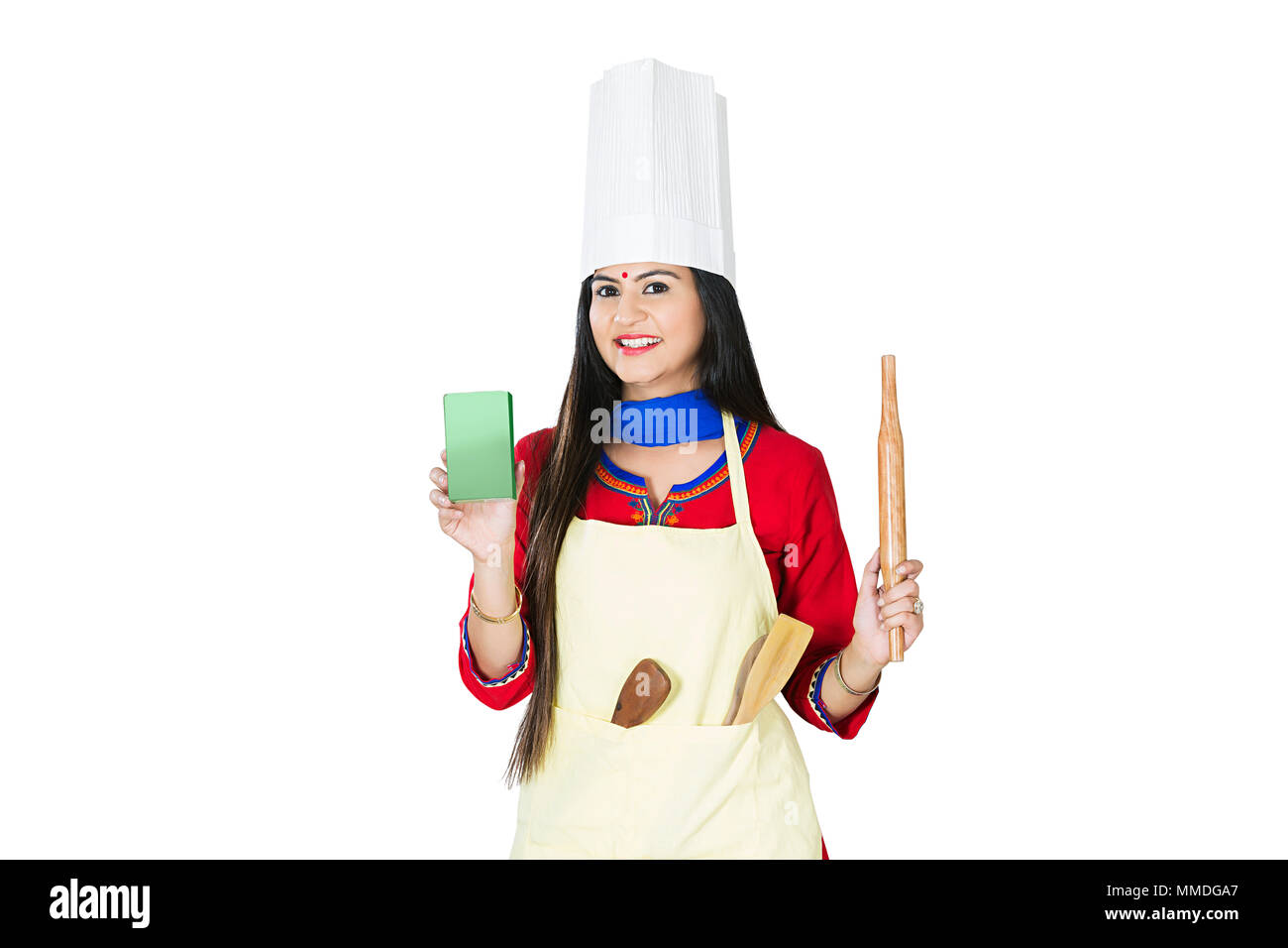 One Woman Chef Wear Apron And Chef-Hat Holding Rolling-Pin With Box Stock Photo