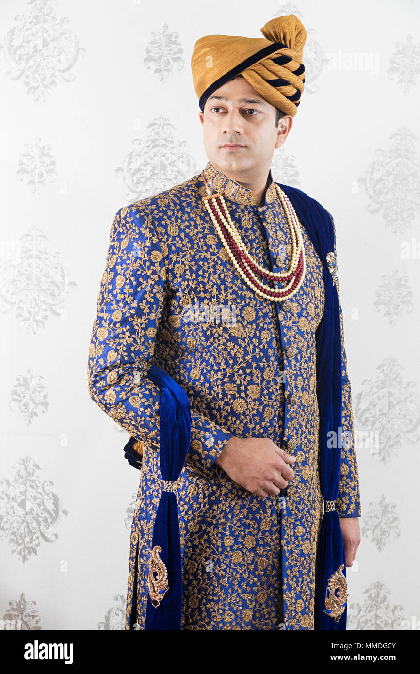 One Indian Royal Groom ManTraditional Wedding Dress Wear Sherwani Stock Photo