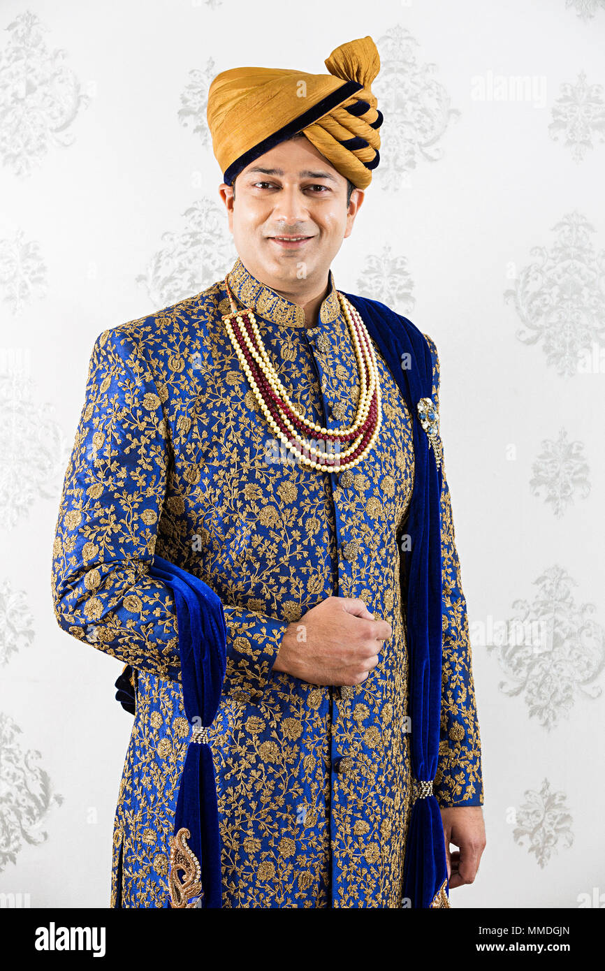 Smiling One Royal Groom ManTraditional Wedding Dress Wear Sherwani Stock Photo