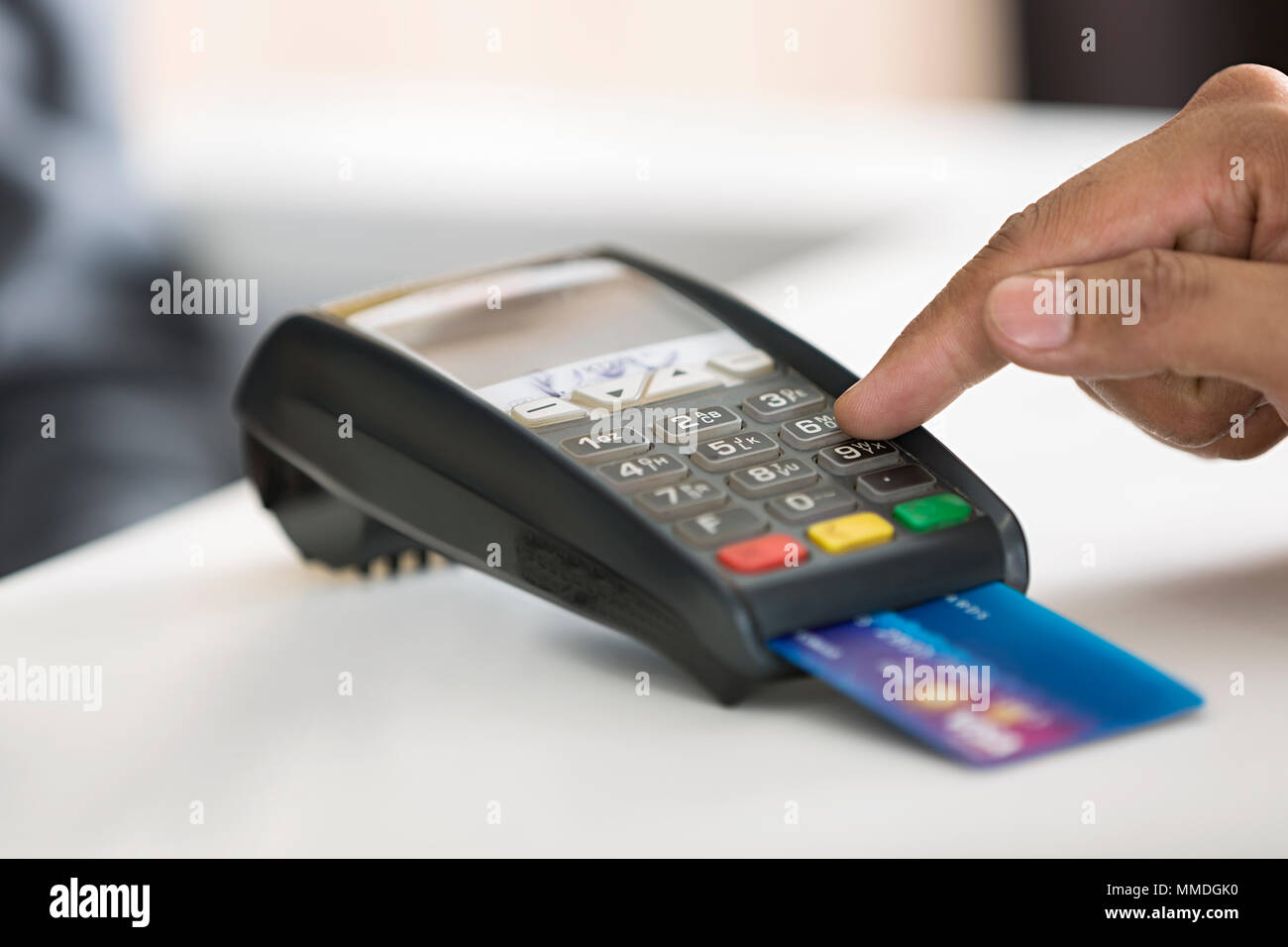 CloseUp One People DebitCard Reader Bill Payment Pressing Button