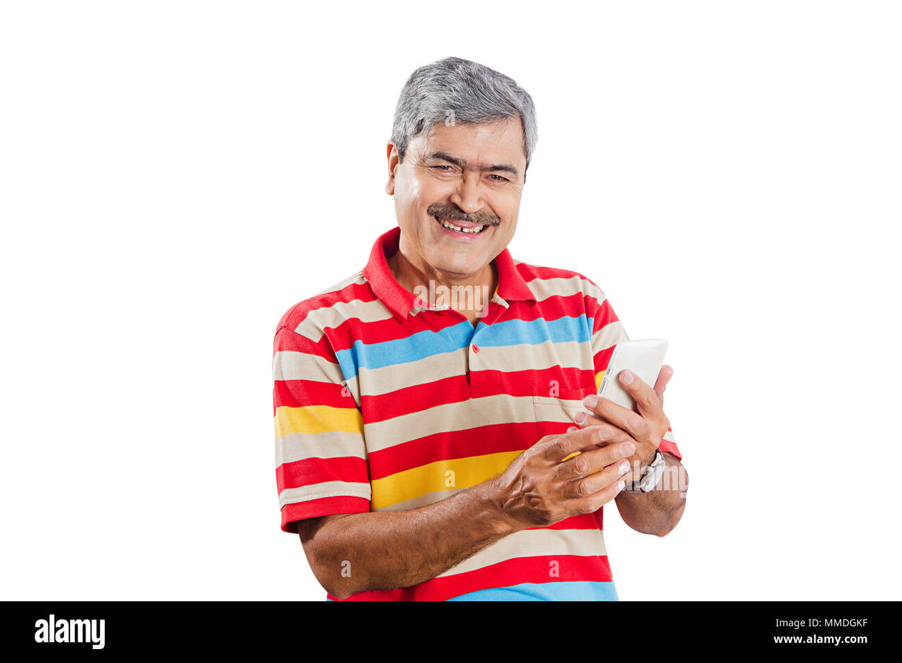 Happy One Senior Man Sending Text-Message SMS On Cell Phone Stock Photo
