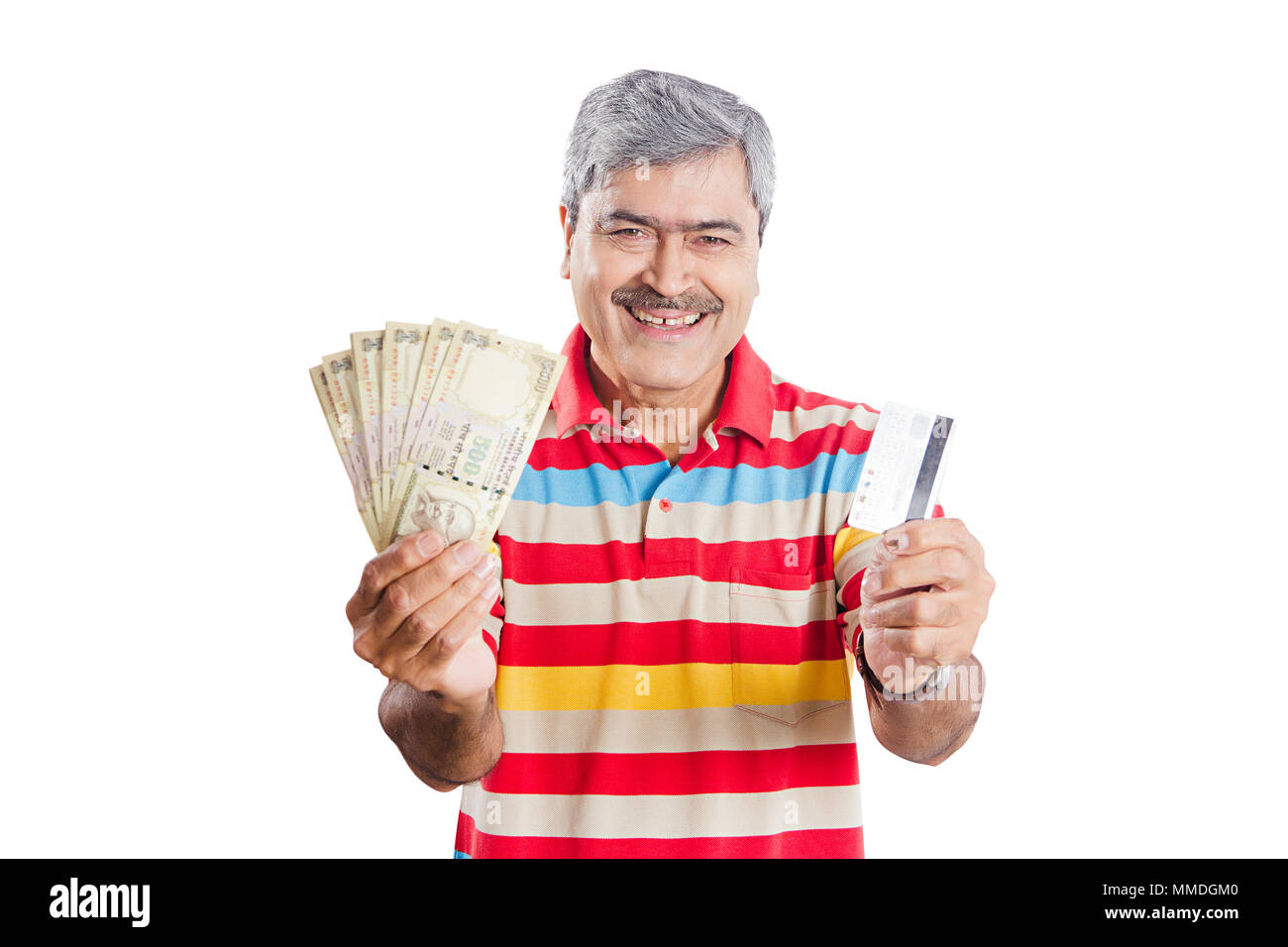 One Old man Holding Debit-Card With Money Rupee-Banknotes, cashless economy Stock Photo