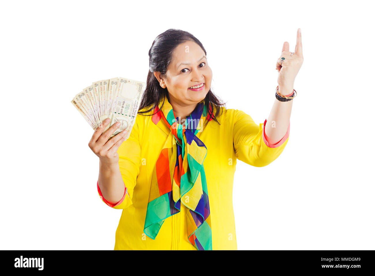 Happy One Old Woman Showing Money Ruppe Pointing-up Finger. Lottery Stock Photo