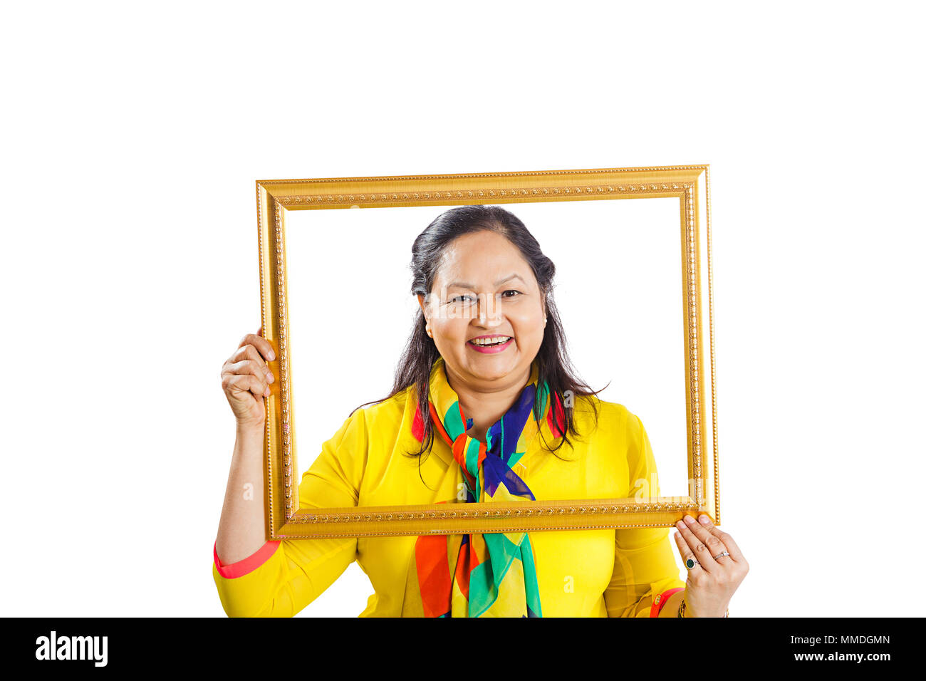 Happy One Old Woman Holding Photo Frame and looking Through. Fun Stock Photo