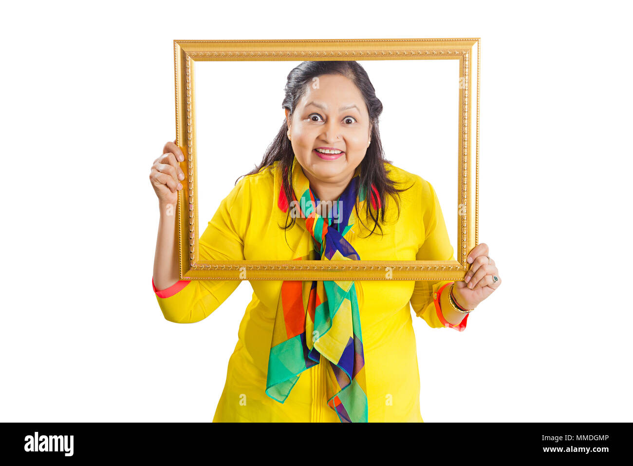 Excited One Old Female Holding Picture Frame and looking through. Stock Photo