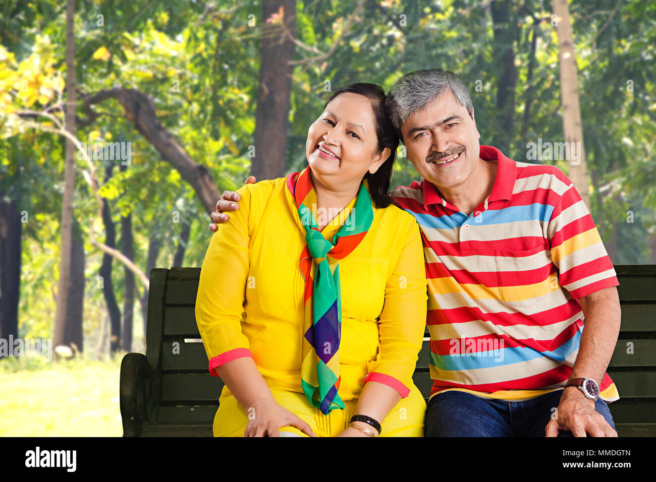 Happy Old Couple Sitting Bench Together Dating Enjoying In Garden Stock Photo