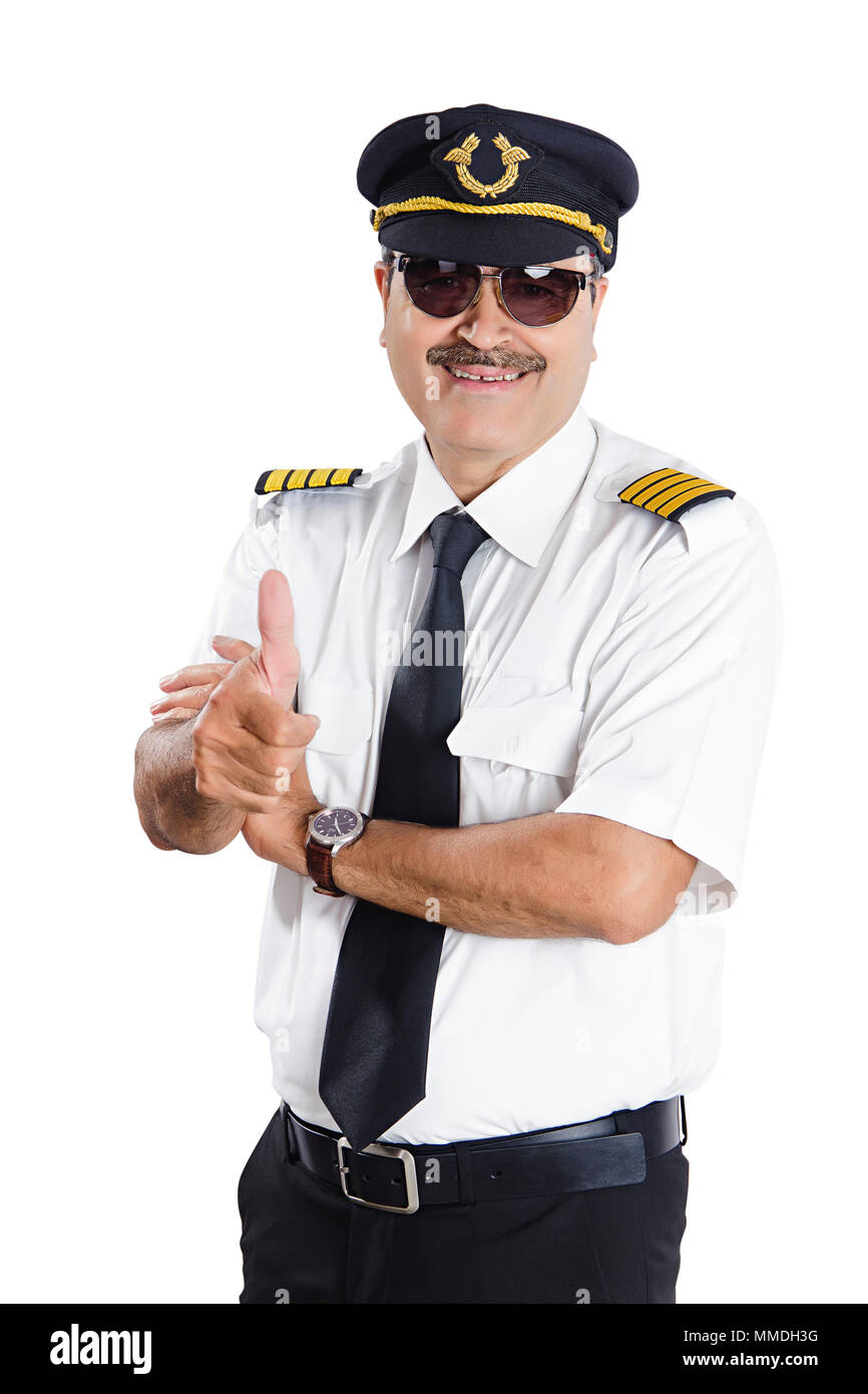 One Senior Man In Pilot Uniform Showing Thumbs-up Success ful Stock Photo