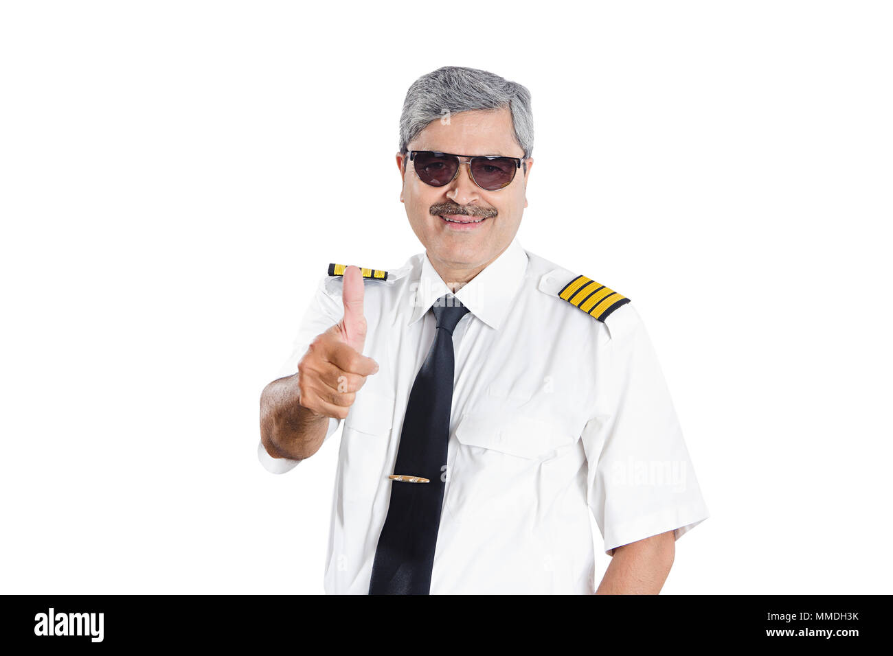 Happy One Old Man airline Pilot Showing Thumbs-up Goodnews Stock Photo