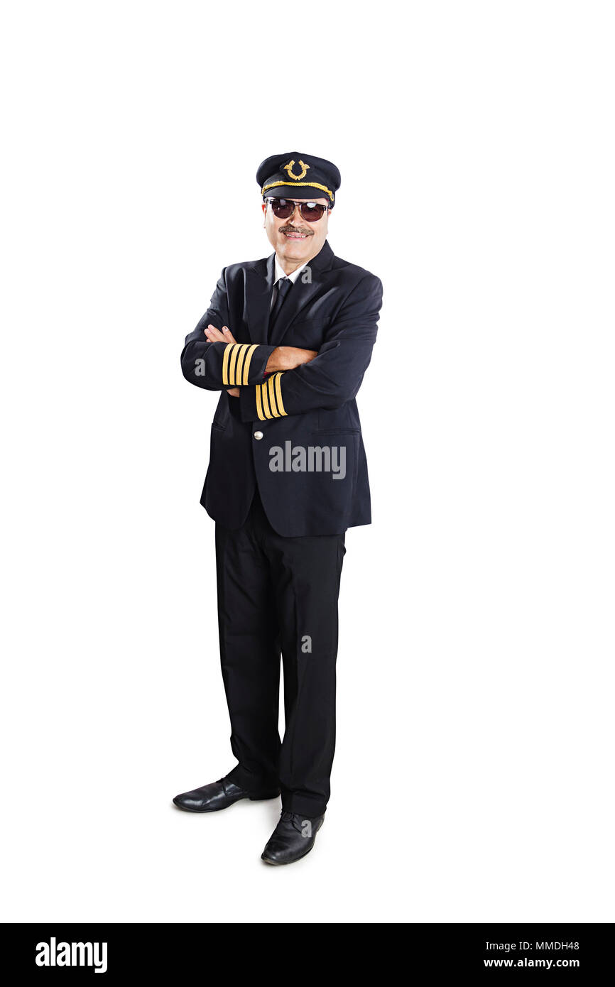 One Senior Male Airline Pilot With Crossed-Arms Standing White ...