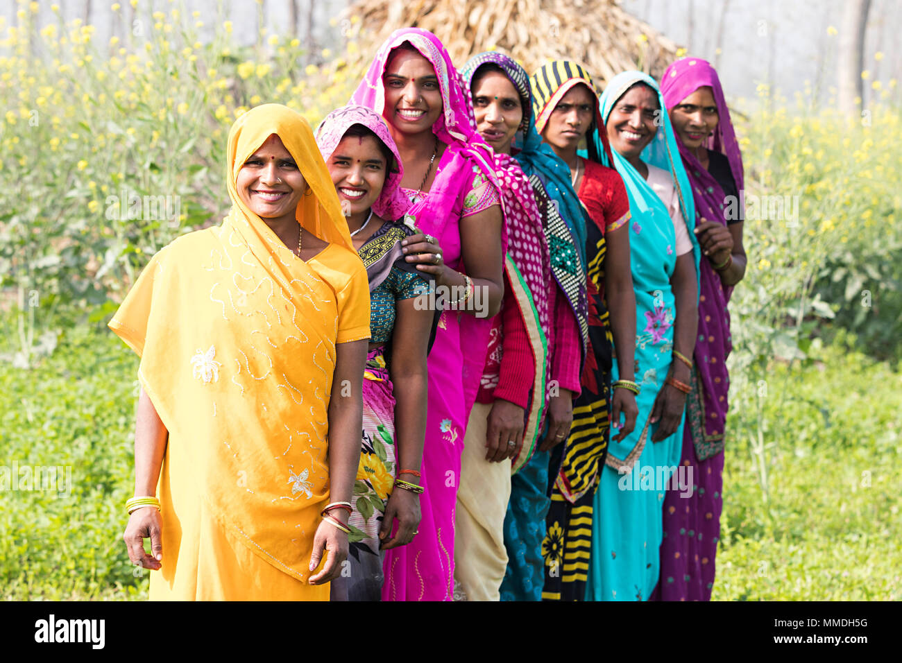 Happy Group Rural Ladies Neighbour Standing Together In Farm Village Stock Photo