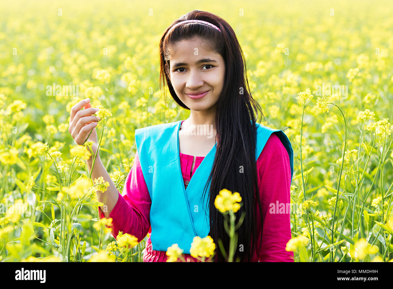 One Rural Villager Teenage Girl Mustard Flower Checking Field Village Stock Photo