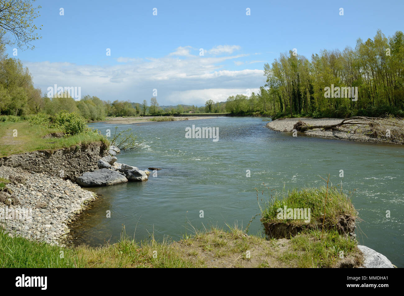 Freely meandering river Gave de Pau Stock Photo
