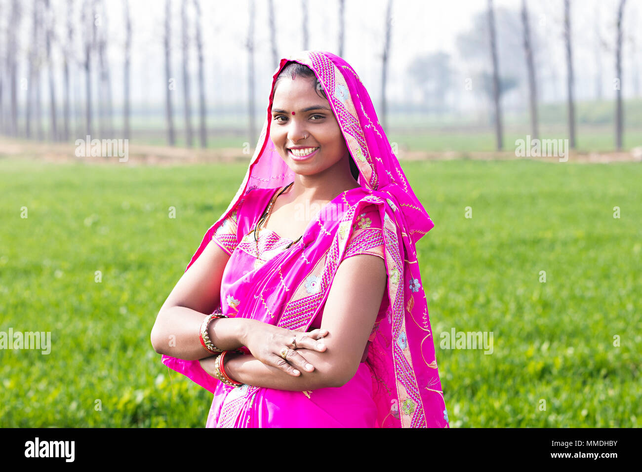 One Rural Farmer Woman Housewife Crossed Arms Standing Field Village Stock Photo