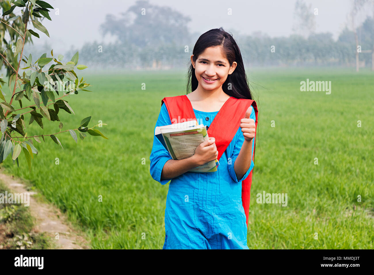 One High School Girl Student Showing Thumbs Up Success Farm Rural Village Stock One High School Girl Student Showing Thumbs Up Success Farm Rural Village Stock