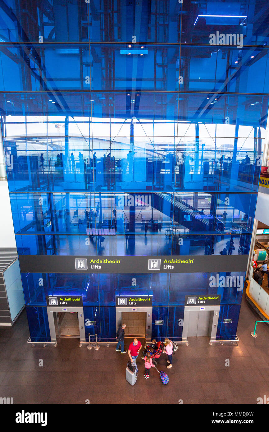 Dublin, Ireland - May 8th, 2018: The new Terminal 2 at Dublin Airport in Ireland. A bank of elevators. Stock Photo