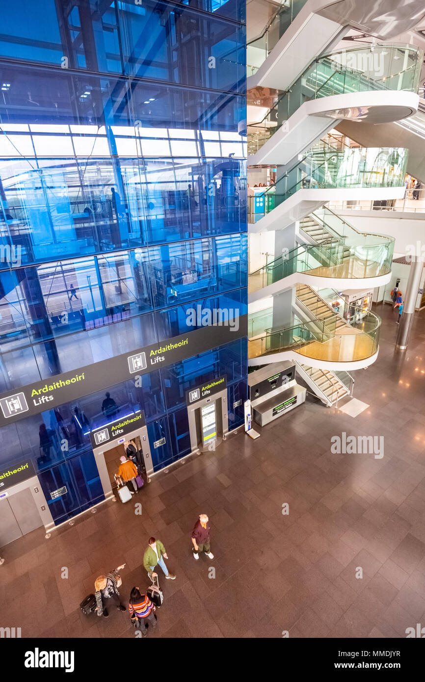 Dublin, Ireland - May 8th, 2018: The new Terminal 2 at Dublin Airport in Ireland. A bank of elevators. Stock Photo