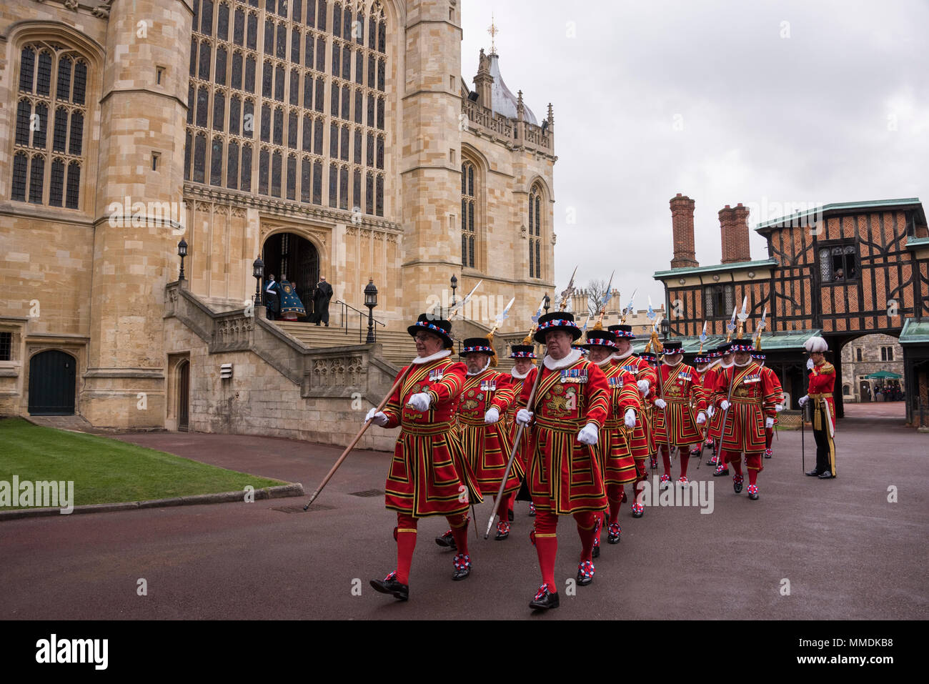 The Yeomen of the Guard march away from St George's Chapel Windsor after the distribution of the Maundy Money by HM the Queen, 29th March 2018 Stock Photo
