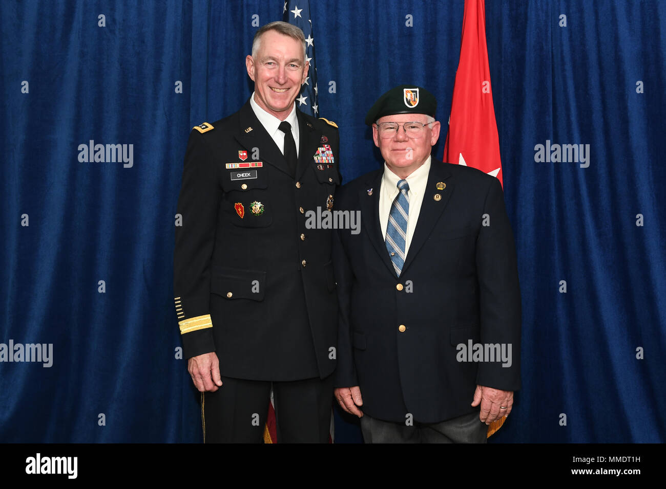Retired U.S. Army Capt. Gary M. Rose and Director of the Army Staff Lt. Gen. Gary H. Cheek pose for a photo during the Medal of Honor reception at the Marriott Fairview Park in Falls Church, Virginia, Oct. 22, 2017. Rose will be awarded the Medal of Honor Oct. 23, 2017, for actions during Operation Tailwind in Southeastern Laos during the Vietnam War, Sept. 11-14, 1970. Then-Sgt. Rose was assigned to the 5th Special Forces Group (Airborne) at the time of the action.  (U.S. Army photo by Spc. Tammy Nooner) Stock Photo