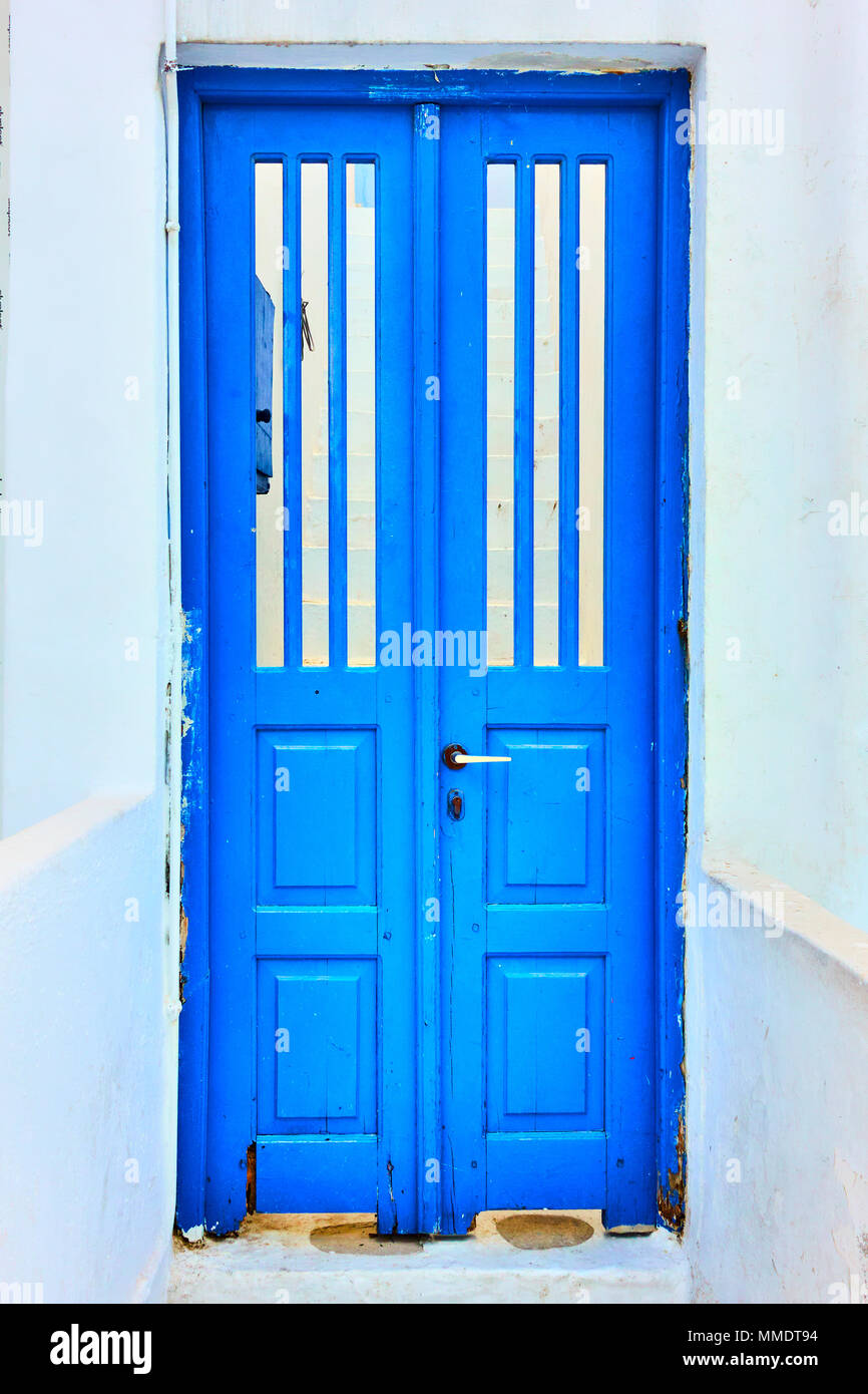 Door painted in traditional blue color, Santorini, Greece Stock Photo
