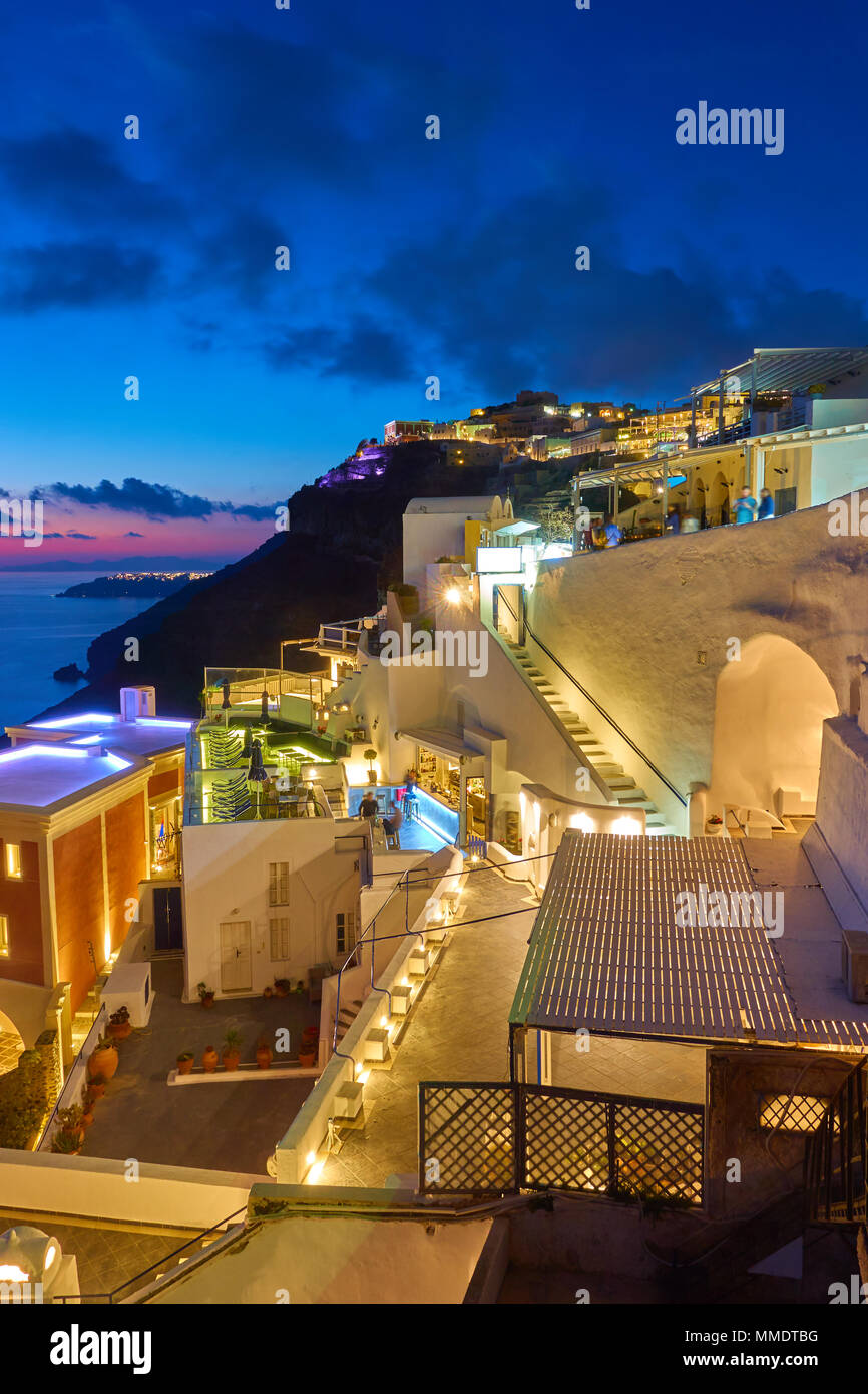 Thera town in Santorini at night, Greece Stock Photo