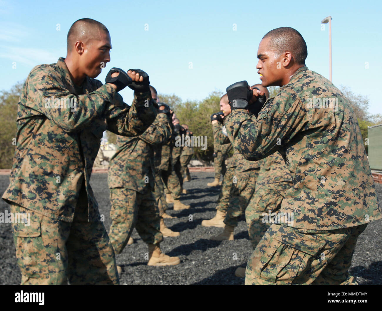 A recruit from Mike Company, 3rd Recruit Training Battalion, applies a choke  hold during a Marine Corps Martial Arts Program test at Marine Corps  Recruit Depot San Diego, July 20. The recruits