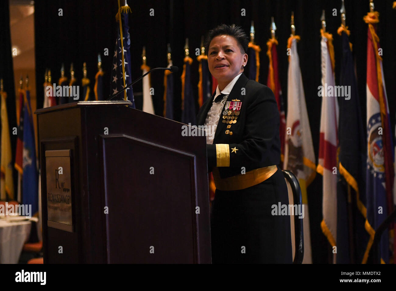 171021-N-TP832-094 JACKSONVILLE, Fla. (Oct. 21, 2017) Rear Adm. Bette Bolivar, commander, Navy Region Southeast, speaks at The World Golf Village Renaissance Hotel during the Jacksonville Tri-Base Area’s Navy Ball. This year’s theme was 'Sea Power to Protect and Promote,' and served as an opportunity to celebrate the Navy's 242nd birthday and honor its proud history, which traces its origins to the Continental Navy established Oct. 13, 1775. (U.S. Navy photo by Mass Communication Specialist 3rd Class Michael Lopez/Released) Stock Photo