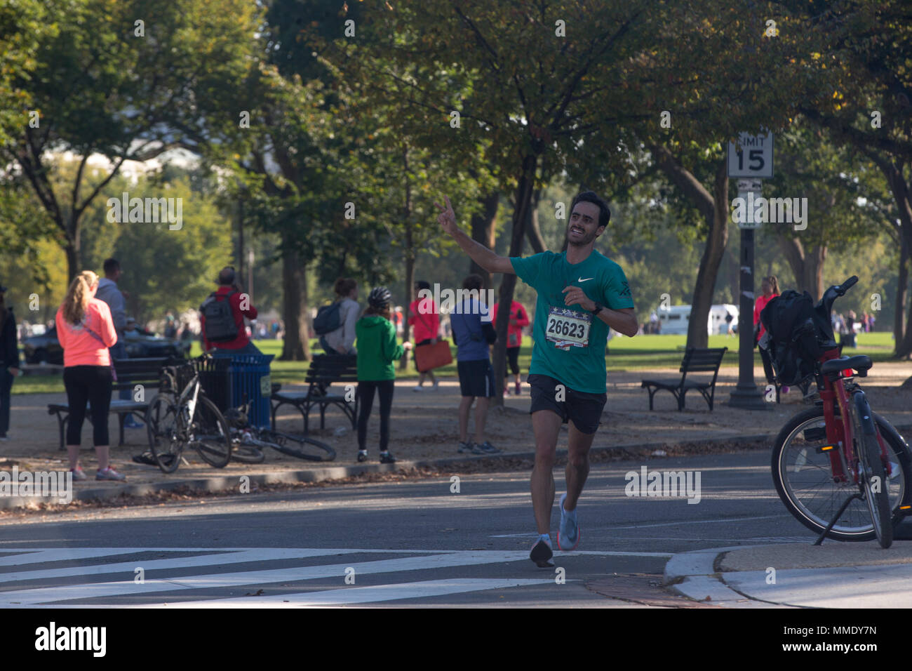 Juan Carlos Velasquez from Naucalpan Estado De, Mexico, takes part in the 42nd annual running of the Marine Corps Marathon, traveling on a monumental course through Washington, D.C. and finishing at the Marine Corps War Memorial, Arlington, Va., Oct. 22, 2017. Also known as 'The People's Marathon,' the 26.2 mile race drew roughly 30,000 participants to promote physical fitness, generate goodwill in the community, and showcase the organizational skills of the Marine Corps. (U.S. Marine Corps photo by Lance Cpl. Brooke Deiters) Stock Photo