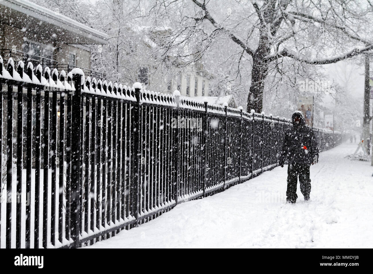 March 7, 2018 - Philadelphia, PA, USA:  A man walks past a iron fence during a late winter blizzard in Philadelphia, Pennsylvania. Stock Photo