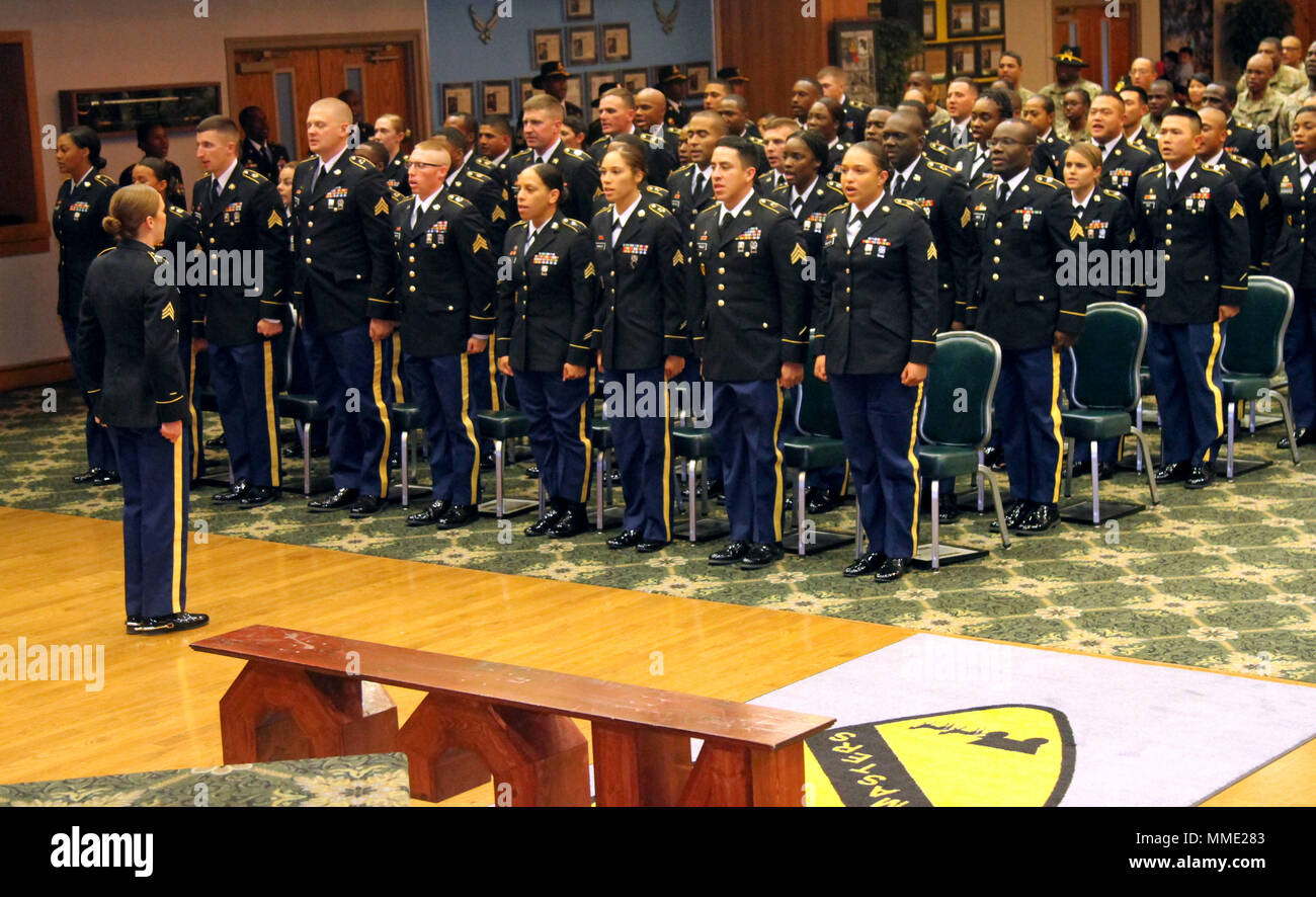 Sgt. Addie Ford, a Purple Heart recipient, 1st Cavalry Division Sustainment Brigade (1CDSB), leads the newly inducted sergeants in reciting the “Creed of the Noncommissioned Officer” at the 1CDSB NCO Induction Ceremony on Fort Hood, Oct. 23. The NCO induction ceremony is a traditional event that celebrates newly promoted sergeants joining the ranks of the NCO corps. Stock Photo