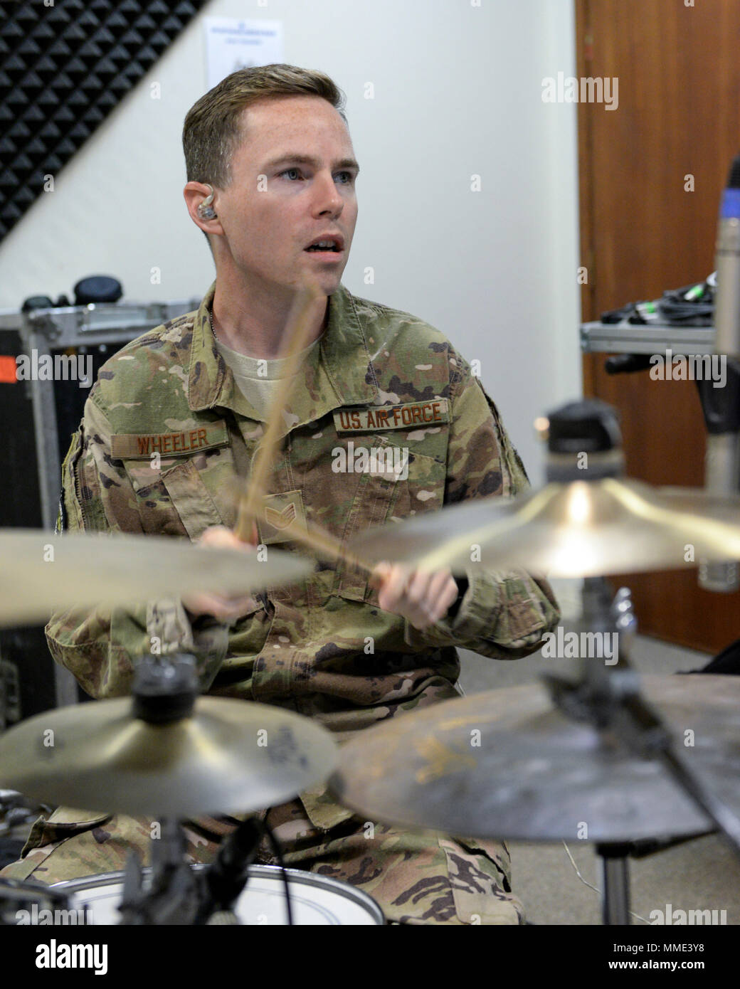 U.S. Air Force Staff Sgt. Mark Wheeler, drummer assigned to the 