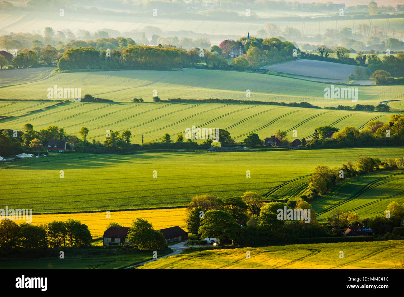 Spring morning at Firle Beacon in East Sussex. South Downs National Park. Stock Photo